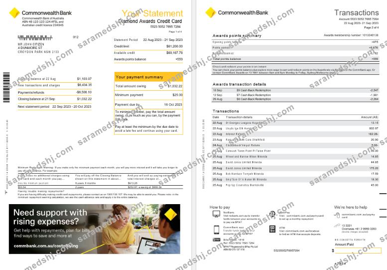 Australia NSW Commonwealth bank Diamond Awards Credit card statement, 4 pages scr1